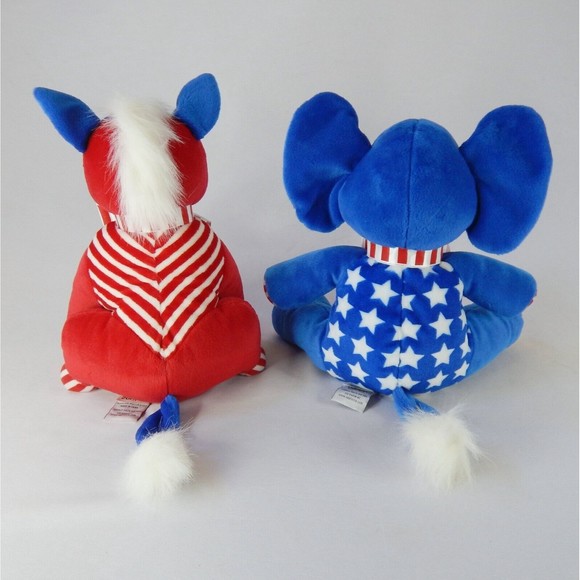 Set 2 Vtg Patriotic Election Mascots Elephant Donkey Plush Stars Stripe Red Blue - Picture 2 of 13